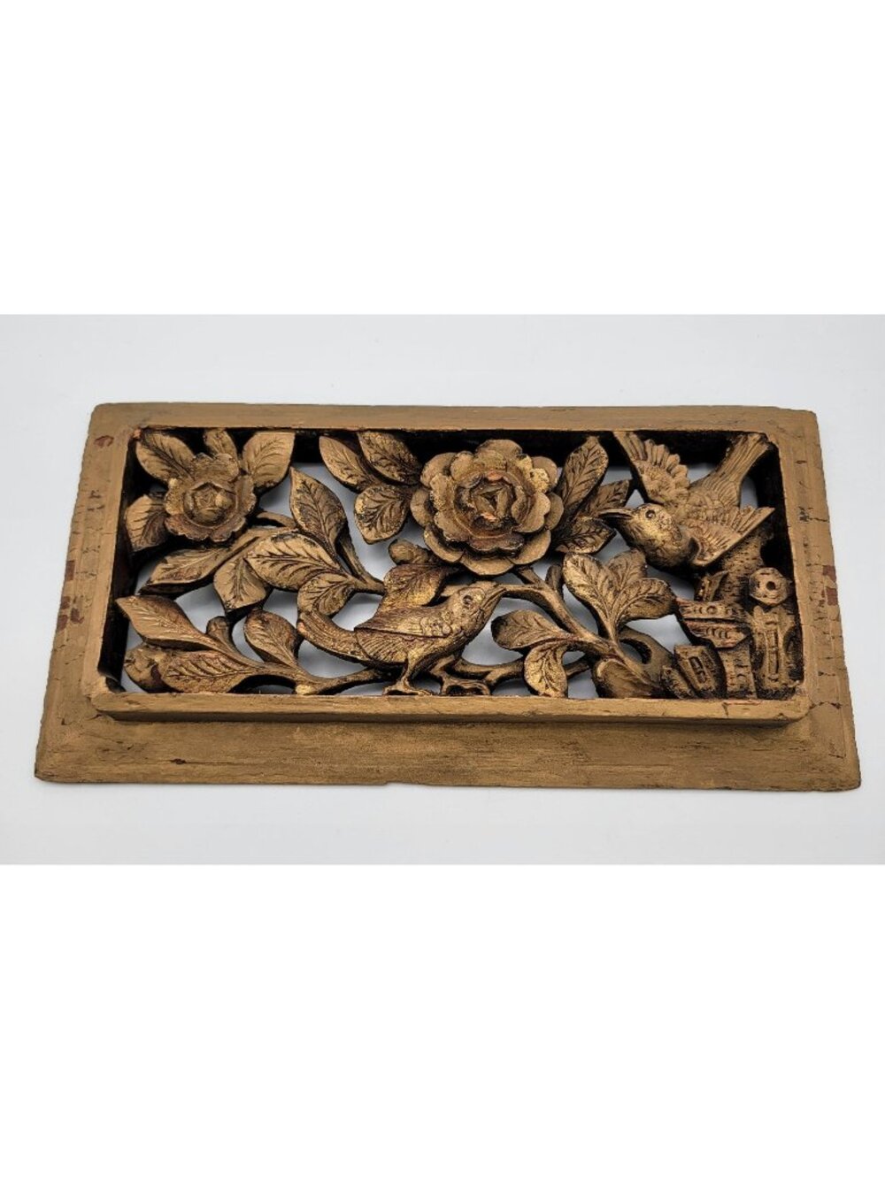 Vintage Gilded Hand-Carved Wood Relief Panel Birds & Flowers